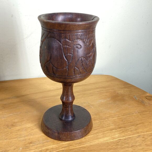 Vintage 6" African Hand-Carved Rhino And Elephant Wood Wine Drinking Cup Goblet - Picture 3 of 15